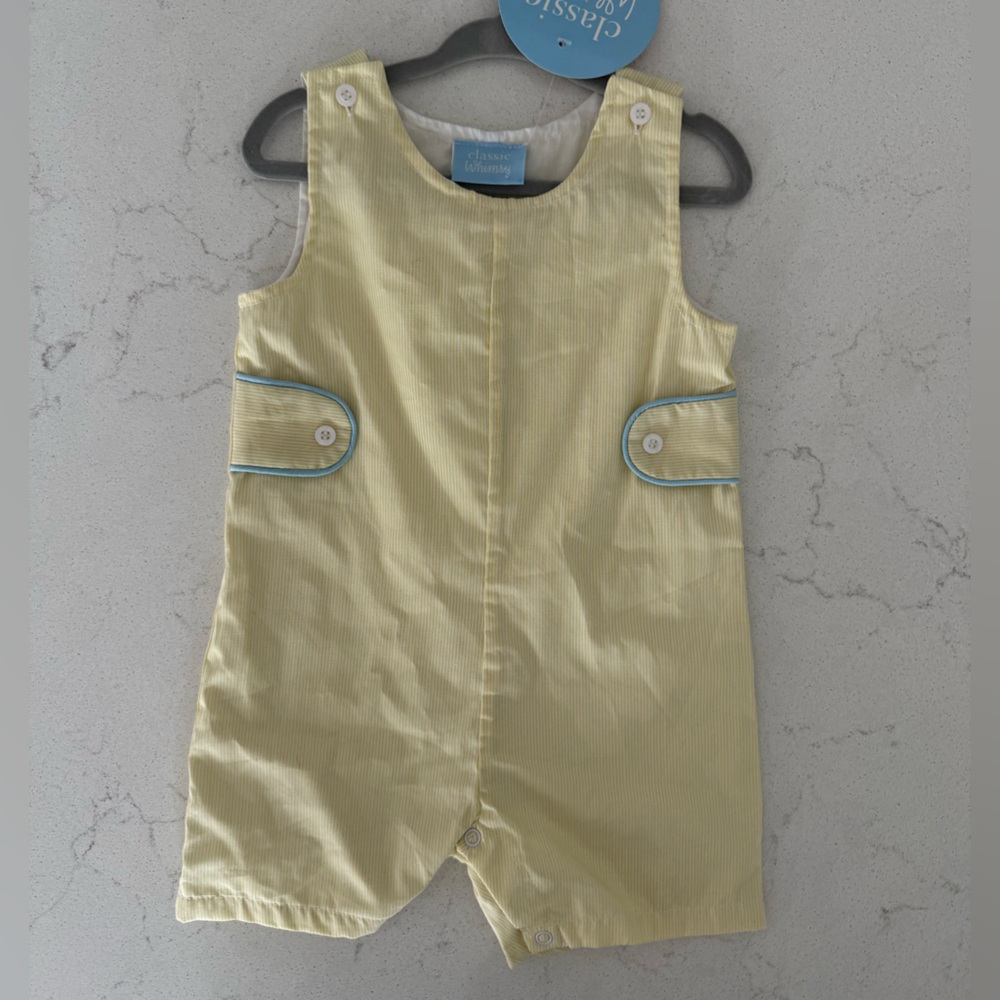 Toddler light yellow seersucker stripe Jon Jon with blue trim and button details